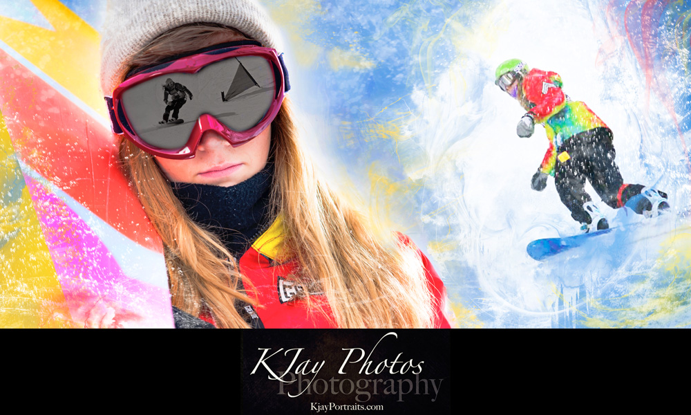 Snowboard senior pictures.  Winter Senior portraits by K Jay Photos Photography, a Madison WI Photographer.