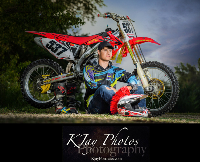 Guy Senior PIctures with the dirt bike. K Jay Photos Photography, Madison WI.